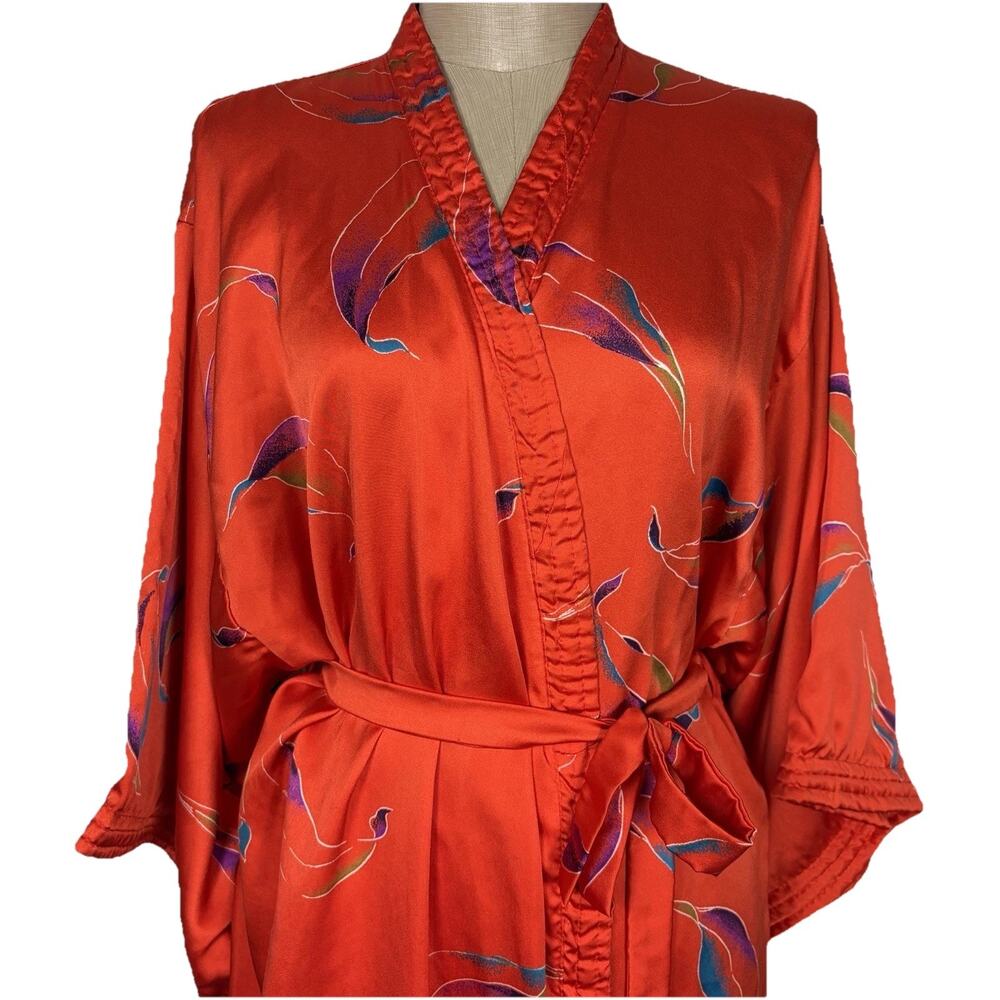 Vintage California Dynasty Style Kimono Robe Belt Red Botanical Satin Size Large - Picture 2 of 14